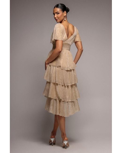 Goddiva Brown Crinkle Lurex High Low Layered Midi Dress