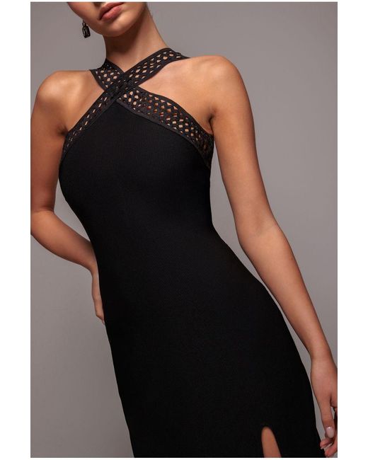 Goddiva Blue Ribbed Criss Cross Halter Neck Maxi Dress With Thigh Split