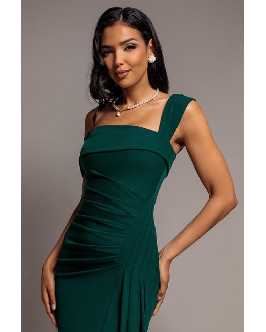 Goddiva Green Off Shoulder Pleated Waist Asymmetric Midaxi Dress