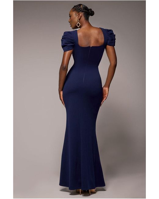 Goddiva Blue Plunging Neck Pleated Sleeves Scuba Maxi Dress