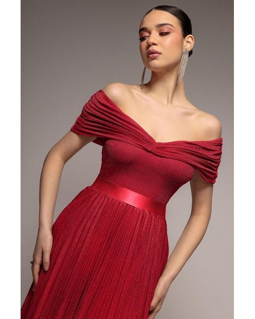 Goddiva Red Bardot Pleated Skirt Maxi