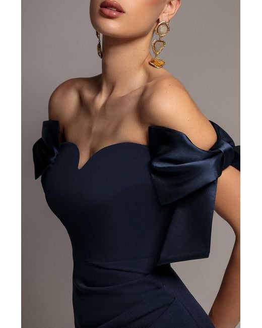 Goddiva Blue Satin Bow Bardot Sheath Maxi Dress