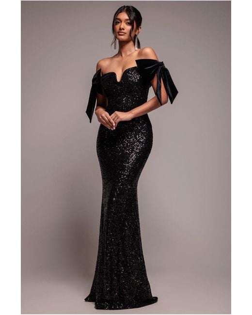 Goddiva Black Sequin Off The Shoulder Velvet Bow Maxi Dress