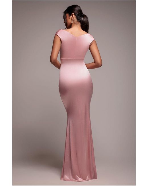 Goddiva Pink Satin Off The Shoulder Maxi Dress