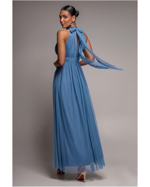 Goddiva Blue Halter Neck Mesh Tie Maxi Dress