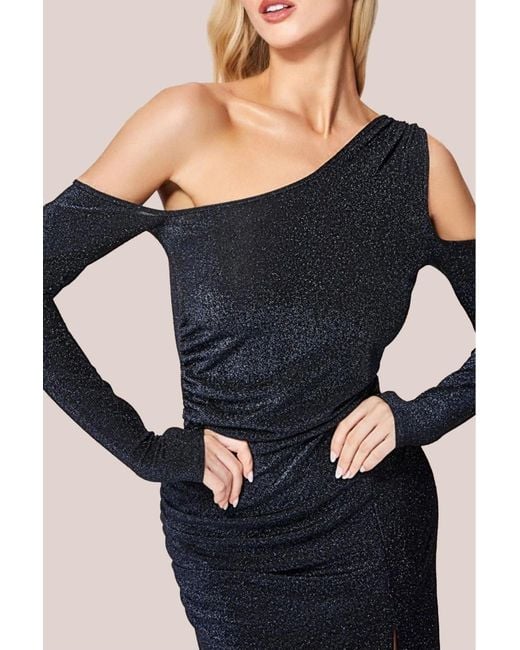 Goddiva Black Cold Shoulder Lurex Maxi With Thigh Split