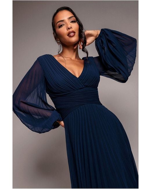 Goddiva Blue Balloon Sleeve Chiffon Maxi Dress