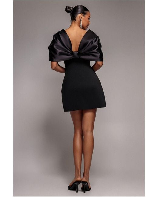 Goddiva Gray Off Shoulder Back Satin Bow Scuba Mini Dress