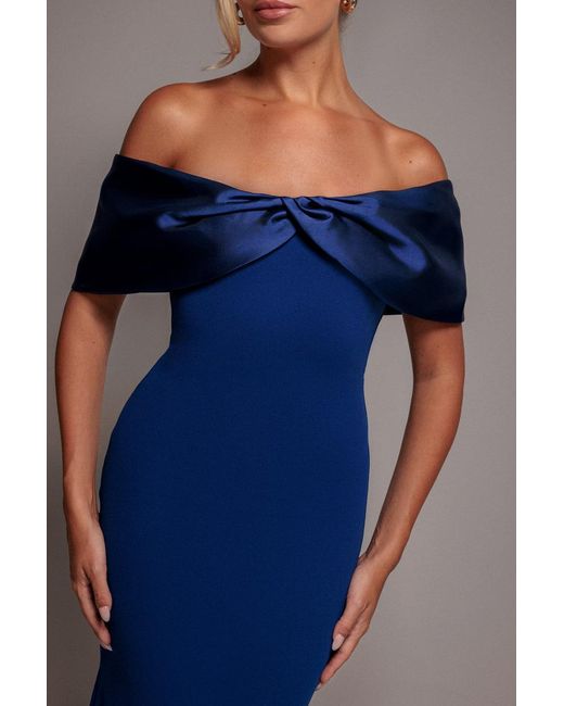 Goddiva Blue Twist Knot Satin & Scuba Bardot Maxi Dress