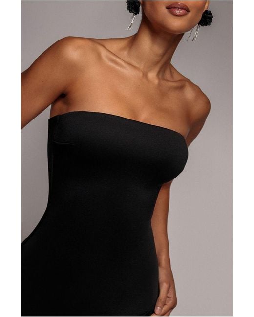 Goddiva Black Strapless Asymmetric Tiered Midaxi Dress