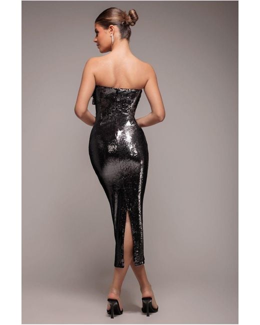 Goddiva Black Liquid Sequin Boobtube Midaxi With Corsage