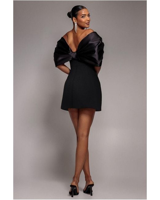 Goddiva Gray Off Shoulder Back Satin Bow Scuba Mini Dress