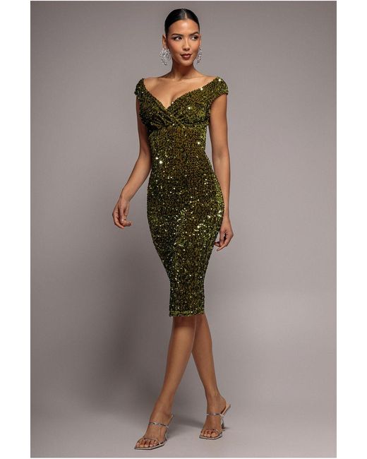 Goddiva Green Multi Sequin & Velvet Bardot Midi Dress