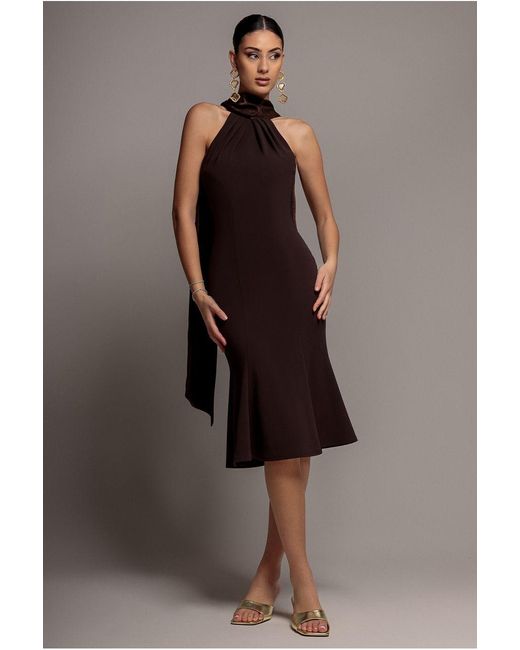 Goddiva Brown Scuba & Soft Satin Halterneck Midi Dress With Back Sash