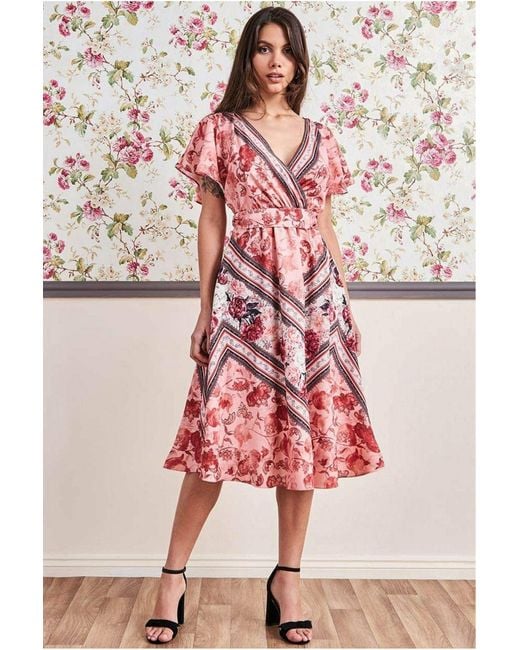 Goddiva Pink Flutter Sleeve Wrap Style Midi Dress