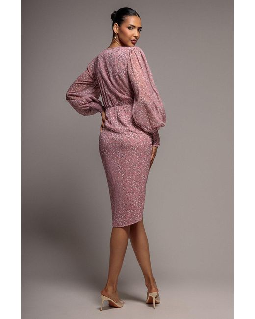 Goddiva Gray Printed Long Sleeve Drawstring Midi Dress