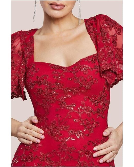 Goddiva Red Scalloped Cape Open Back Lace & Sequin Maxi Dress