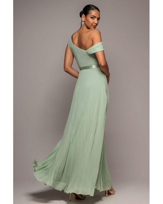Goddiva Green Cowl Neck One Shoulder A Line Chiffon Maxi Dress