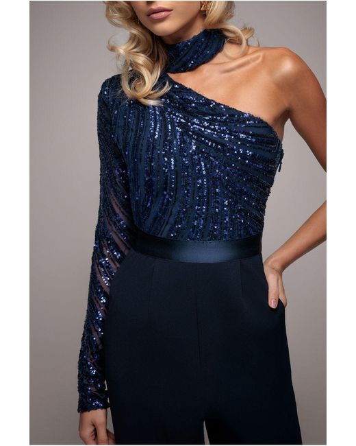 Goddiva Blue One Shoulder Sequin Jumpsuit