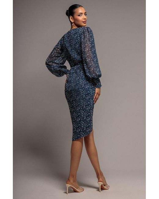 Goddiva Blue Printed Long Sleeve Drawstring Midi Dress
