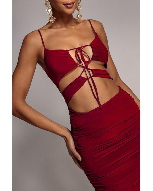 Goddiva Red Cut Out Ruched Midi With Drawstring