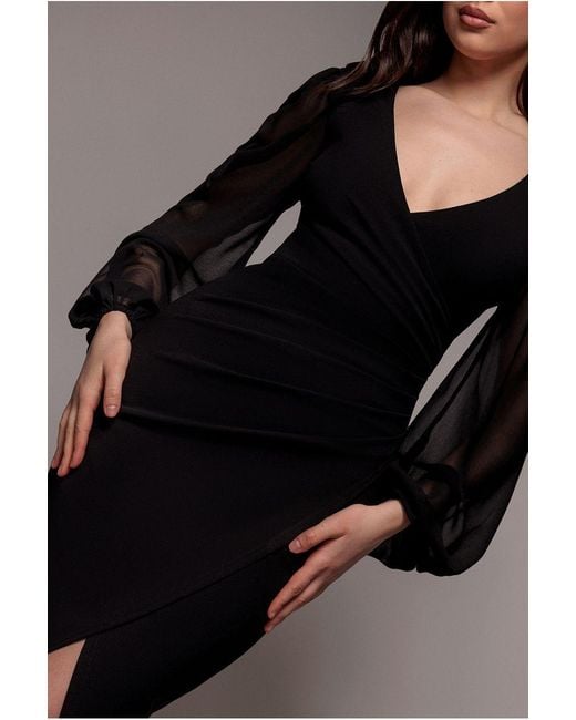 Goddiva Brown Scuba & Chiffon Balloon Sleeve Wrap Midi Dress