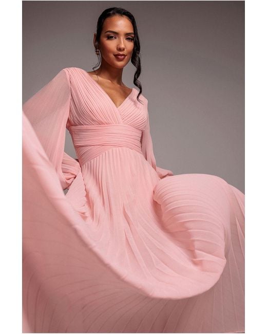 Goddiva Pink Balloon Sleeve Chiffon Maxi Dress