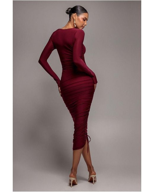 Goddiva Red Asymmetrical Neck Ruched Midi Dress