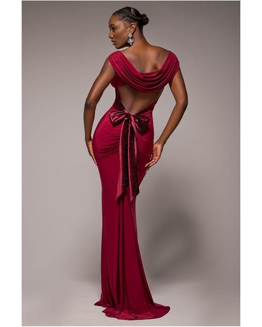 Goddiva Gray Open Back Cowl Neck Gathered Maxi Dress With Velvet Tie Back