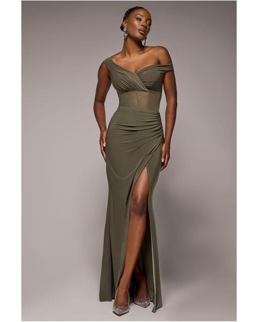Goddiva Green Off The Shoulder Corset Waist Mesh Wrap Skirt Soft Touch Maxi Dress