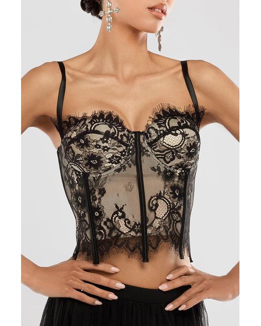 Goddiva Black Cropped Lace Corset Tulle Gathered Midaxi Skirt With Embroidered Stretch Mesh Gloves & Jersey Scarf