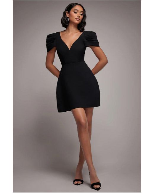Goddiva Black Plunging Neck Pleated Sleeve Scuba Mini Dress