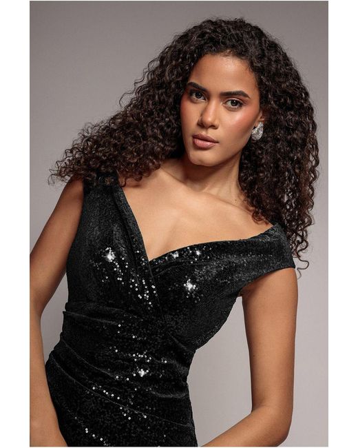 Goddiva Black Sequin Velvet Bardot Jumpsuit