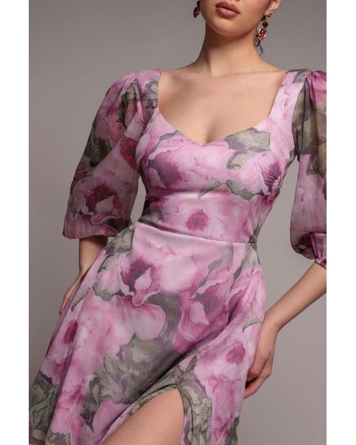 Goddiva Pink Puff Sleeve A-Line Printed Chiffon Maxi Dress With Split