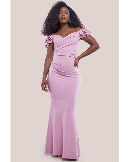 Goddiva Pink Frilled Off The Shoulder Scuba Maxi Dress