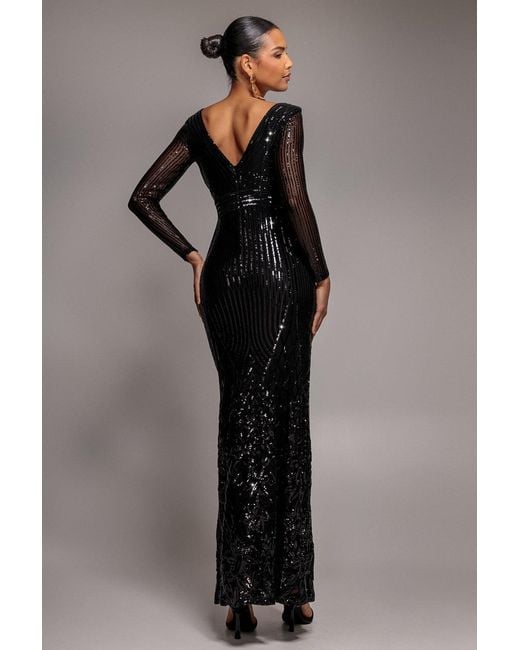 Goddiva Black Long Sleeve Sequin V Wrap Maxi Dress