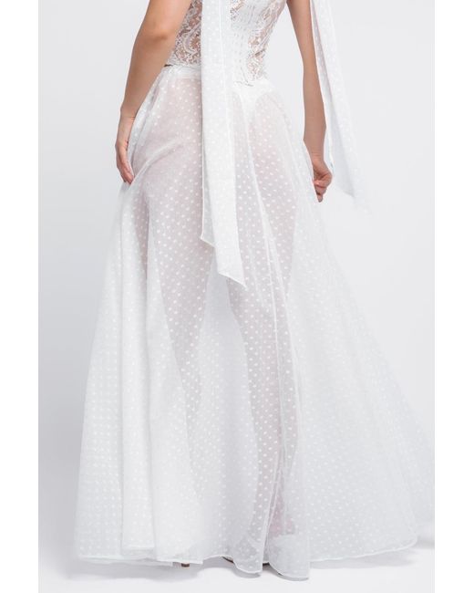 Goddiva White Embroidered Lace Corset Polka Dobby Chiffon A-Line Maxi Skirt With Scarf & Gloves