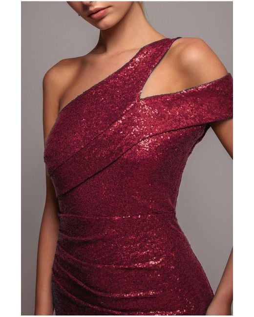 Goddiva Red One Shoulder Sequin Evening Maxi