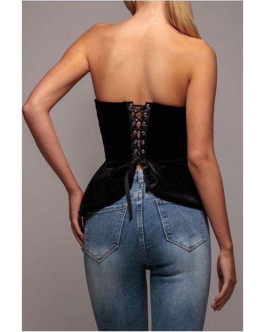 Goddiva Black Plunging Sweetheart Strapless Peplum Velvet & Satin Corset
