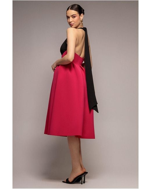 Goddiva Pink Contrast Halter Neck Pleated A-Line Midaxi Dress