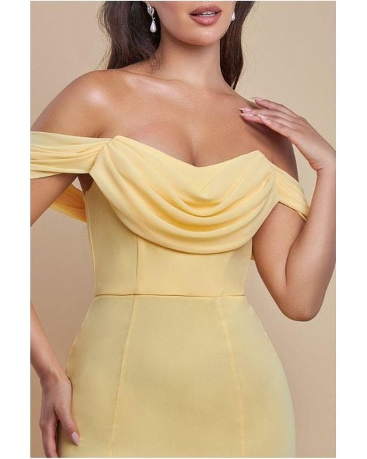 Goddiva Yellow Chiffon Bardot Cowl Neck Maxi Dress