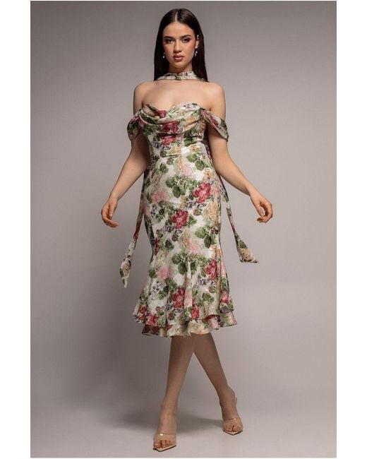 Goddiva Black Cowl Neck Floral Print Jacquard Chiffon Tiered Midi Dress