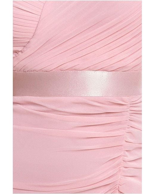 Goddiva Pink Pleated Bardot High Low Tier Chiffon Midaxi Dress