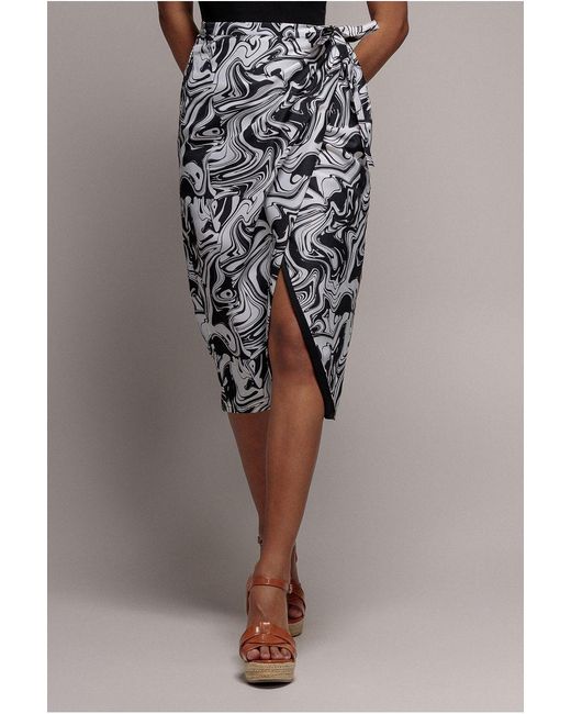 City Goddess Blue Printed High Waist Wrap Midi Skirt