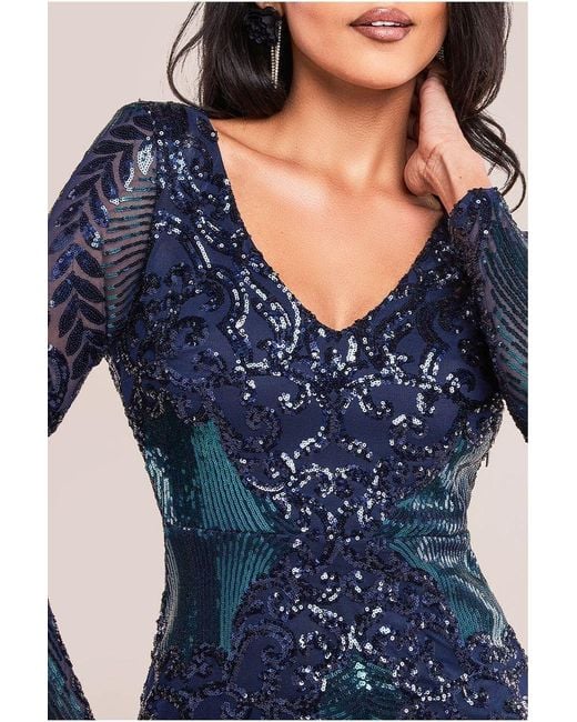 Goddiva Blue Contrast Sequin Long Sleeve Midi Dress