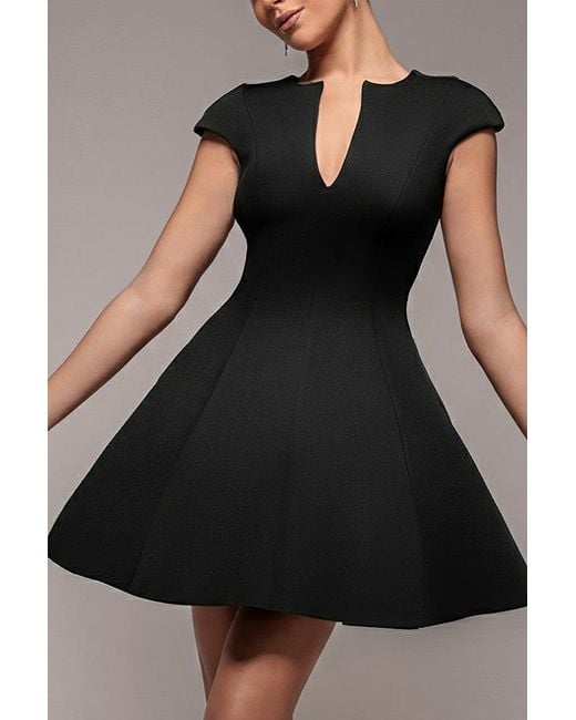 Goddiva Black Cap Sleeve Plunging V-Neckline Skater Mini Dress