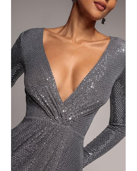 Goddiva Gray Sequined Lurex Long Sleeve Wrap Midi Dress