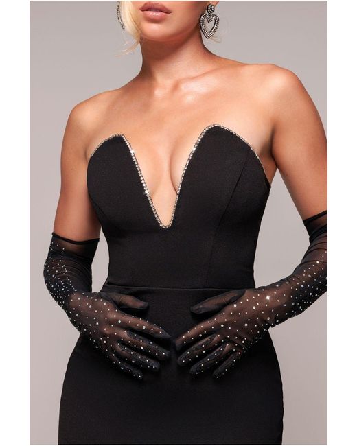 Goddiva Black Strapless Super Plunge Diamante Neck Midi Dress