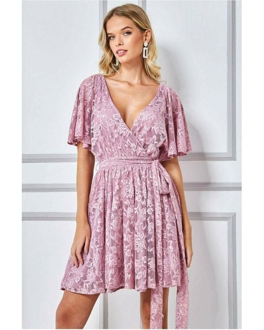 Goddiva Pink Lace Kimono Wrap Skater Mini Dress