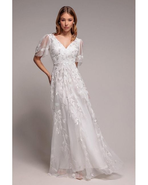 Goddiva White Flared Sleeve Embroidered Maxi Dress